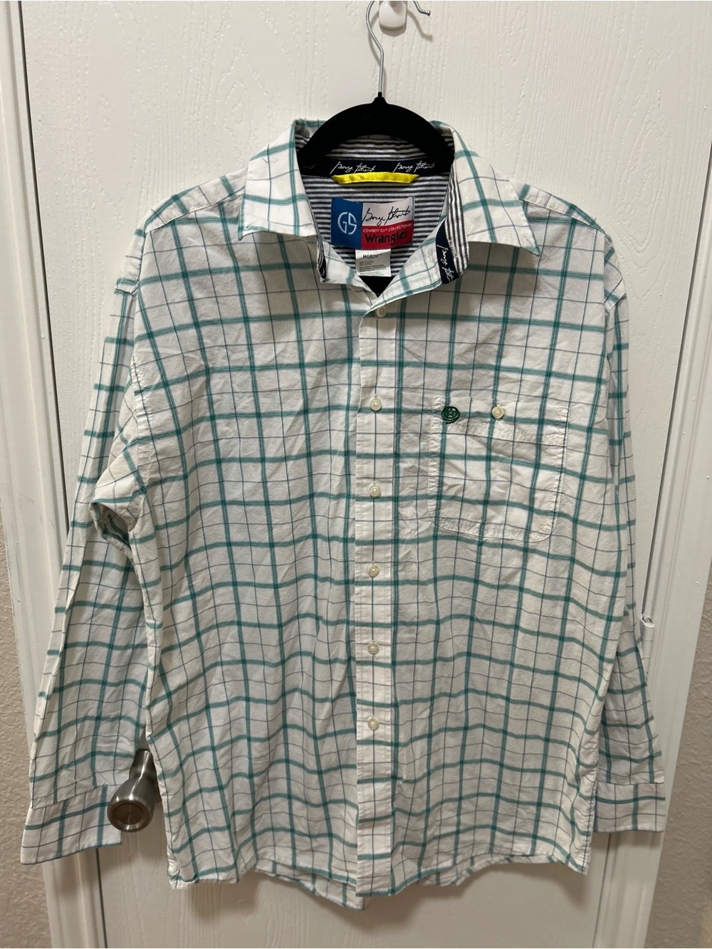 Wrangler George Straight Blue & White Plaid 100% Cotton Button Down Shirt Medium